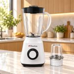Mixeur Binatone blanc avec bol transparent de 1,5 litre, couvercle noir et moulin séparé
