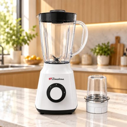 Mixeur Binatone blanc avec bol transparent de 1,5 litre, couvercle noir et moulin séparé