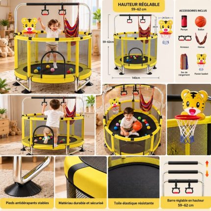 Trampoline enfant avec barre réglable et accessoires de jeu